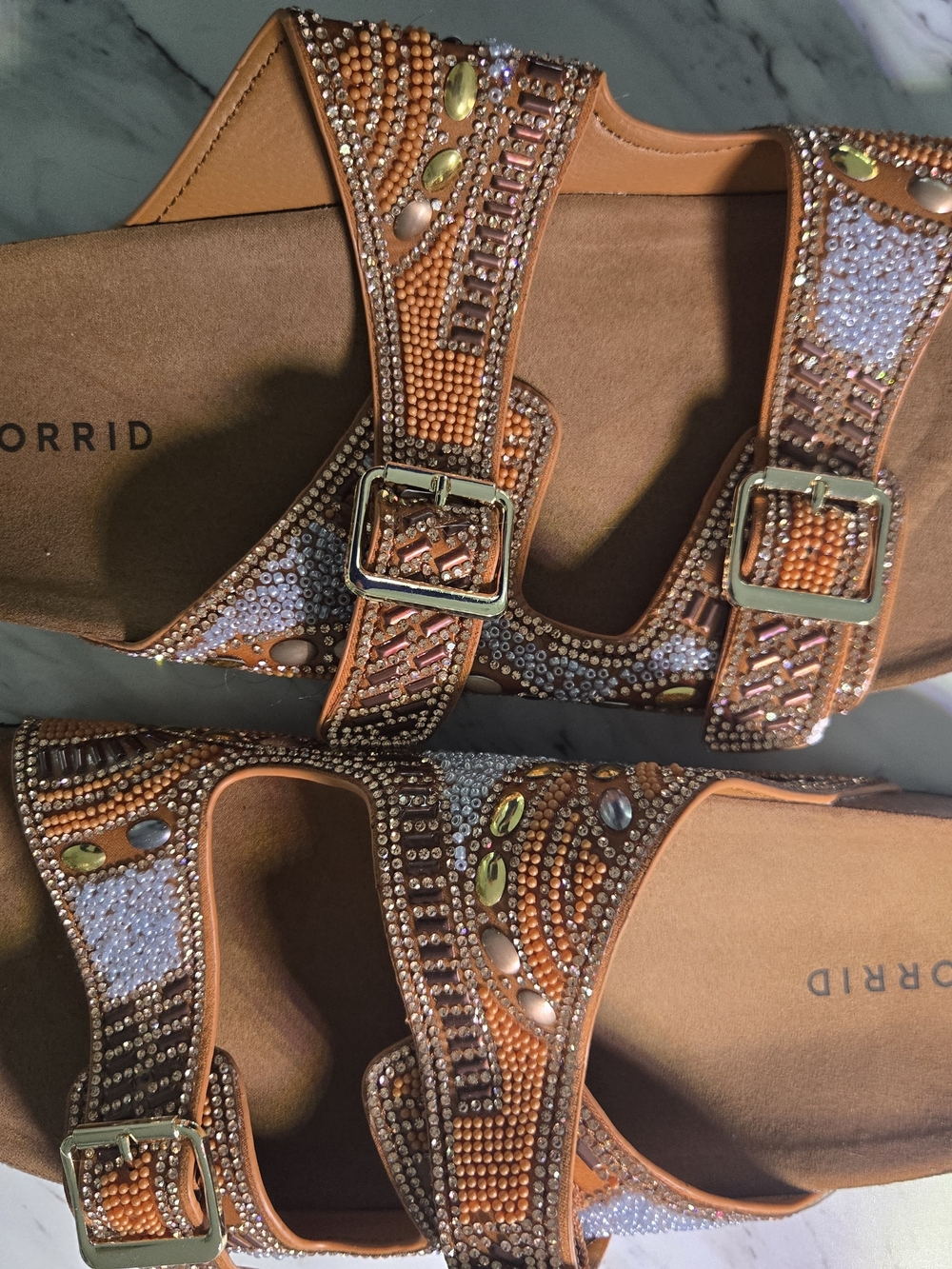Torrid Beaded Rusty Brown and White Double-Buckle Slide Sandals. Never Worn.
